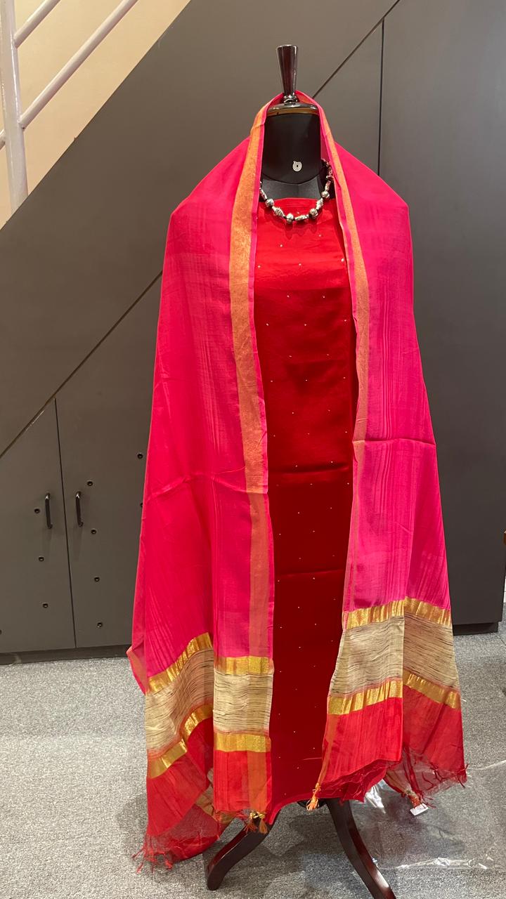 Red Chanderi Silk Dress Material with Badla Work – 3 Piece Set