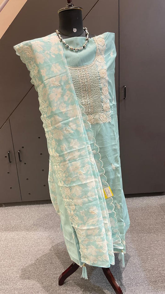 Aqua Sea Green Cotton Silk 3-Piece Dress Material with Embroidery, Bead Work & Cutwork Dupatta