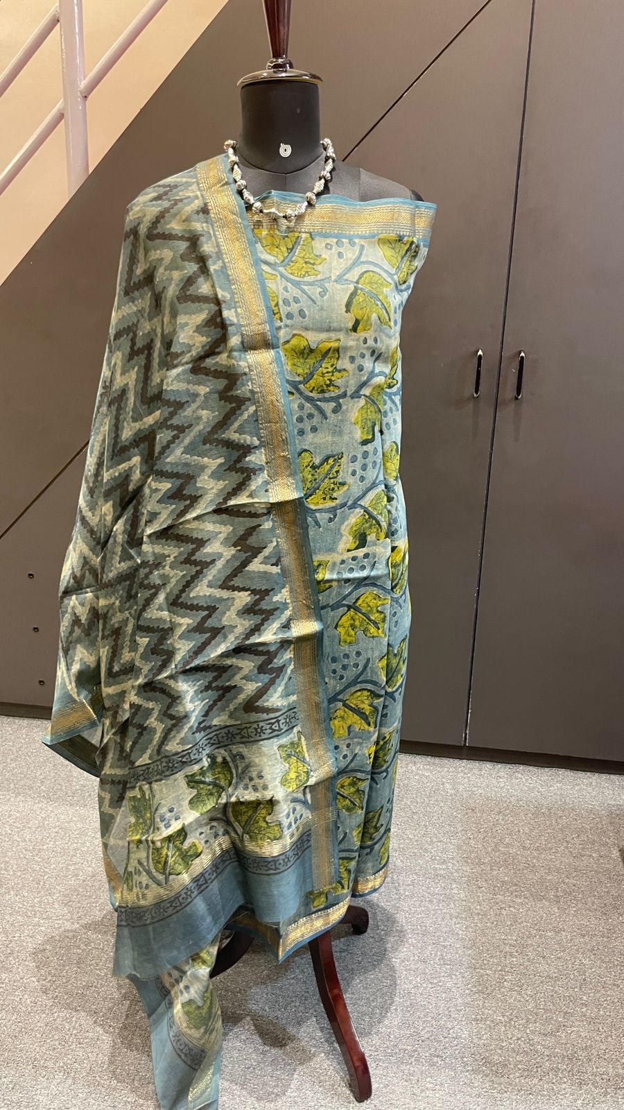 Powder Blue Maheshwari Silk 3 Piece Dress Material – Top, Bottom & Dupatta