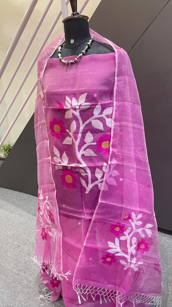 Blush Pink Jamdani Soft Organza 2 Piece Dress Material – Top & Dupatta