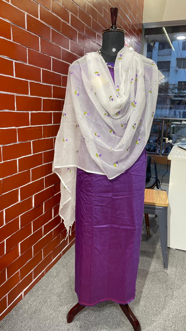 Purple Chanderi Cotton Dress Material with Kota Embroidery Dupatta – 3 Piece Set