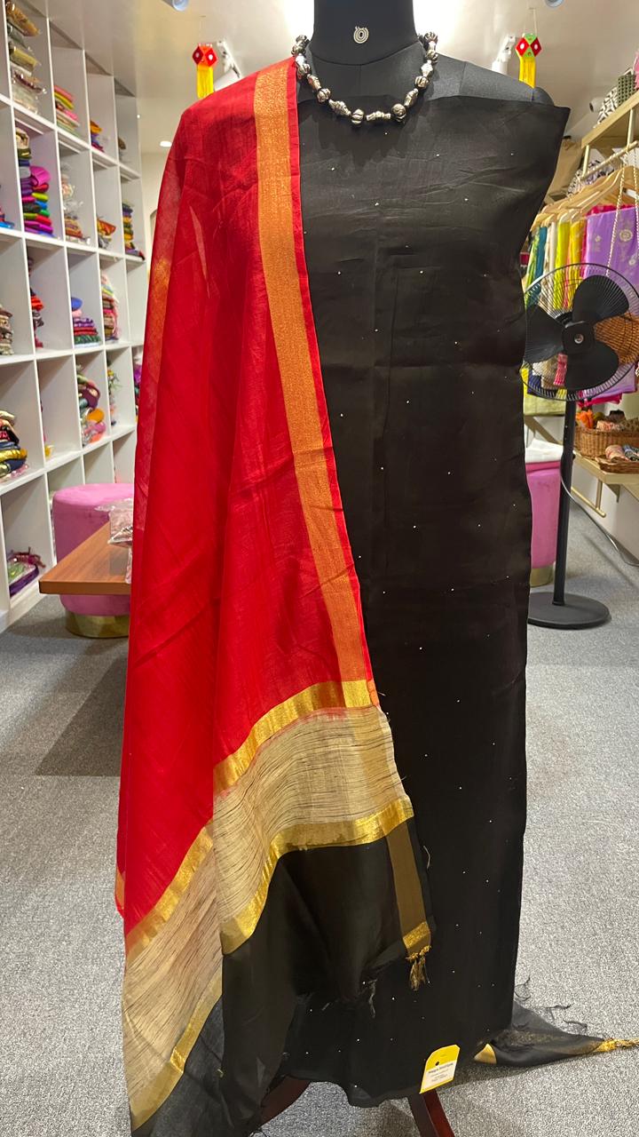 Black Chanderi Silk Dress Material with Badla Work – 3 Piece Set