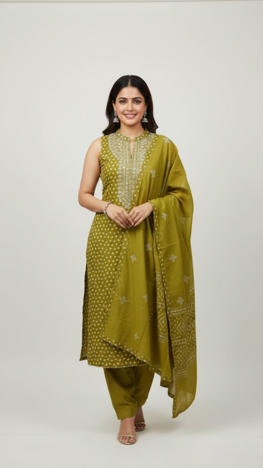 Olive Green Cotton Silk Bandhani Pattern 3-Piece Dress Material Set