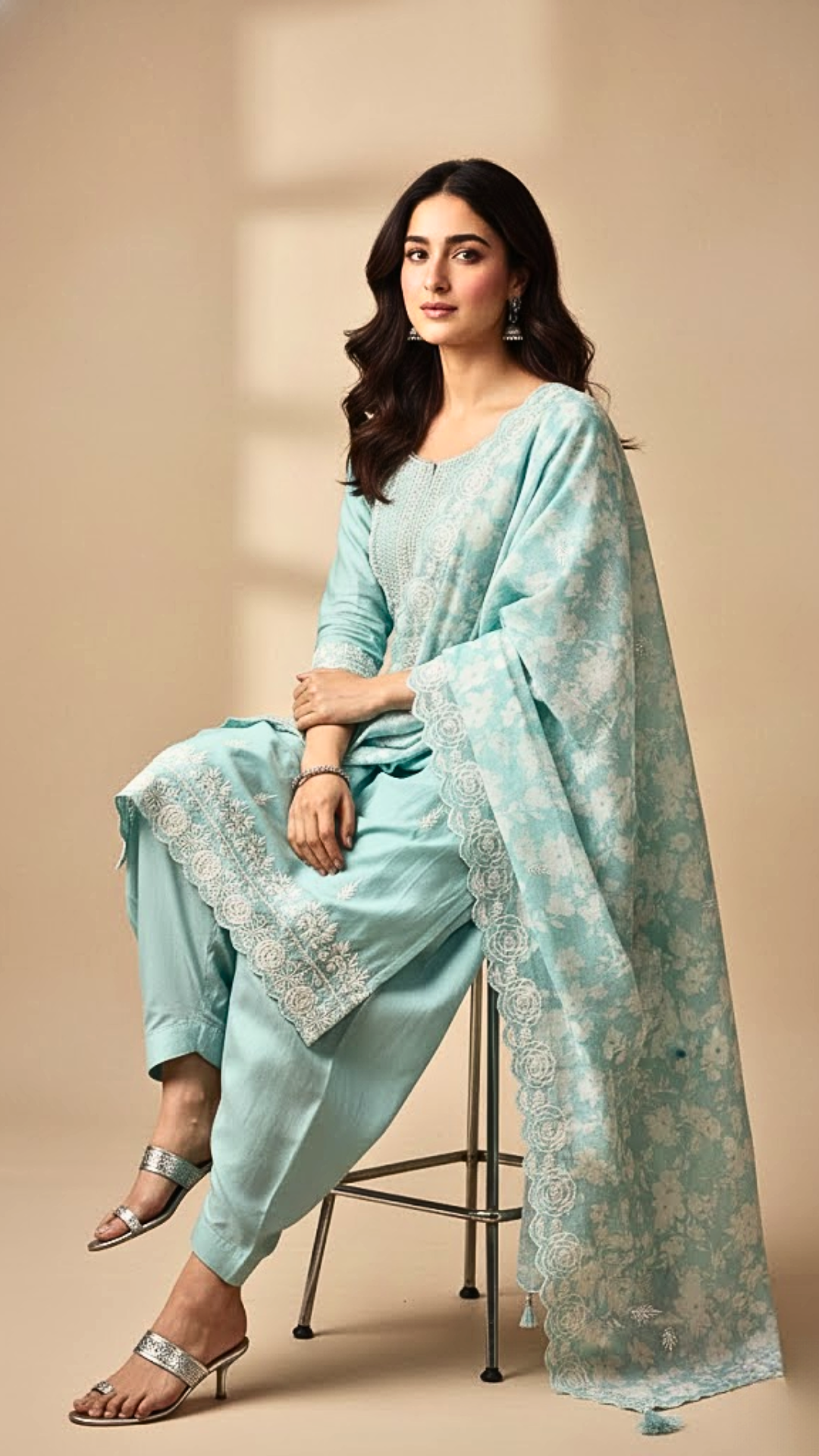 Aqua Sea Green Cotton Silk 3-Piece Dress Material with Embroidery, Bead Work & Cutwork Dupatta