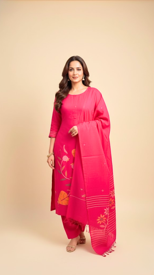 Pink Jamdani Cotton 2 Piece Dress Material – Top & Dupatta