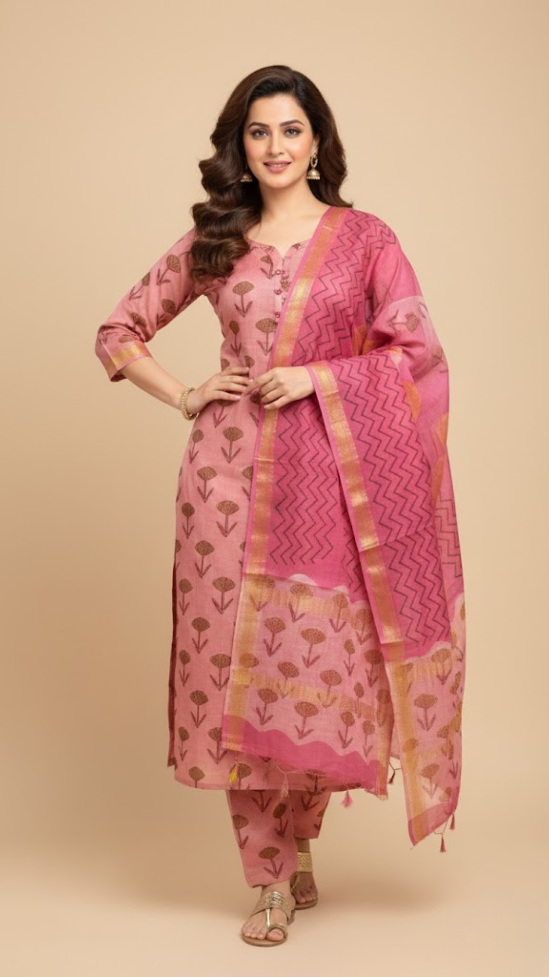Pink Maheshwari Silk 3 Piece Dress Material – Top, Bottom & Dupatta