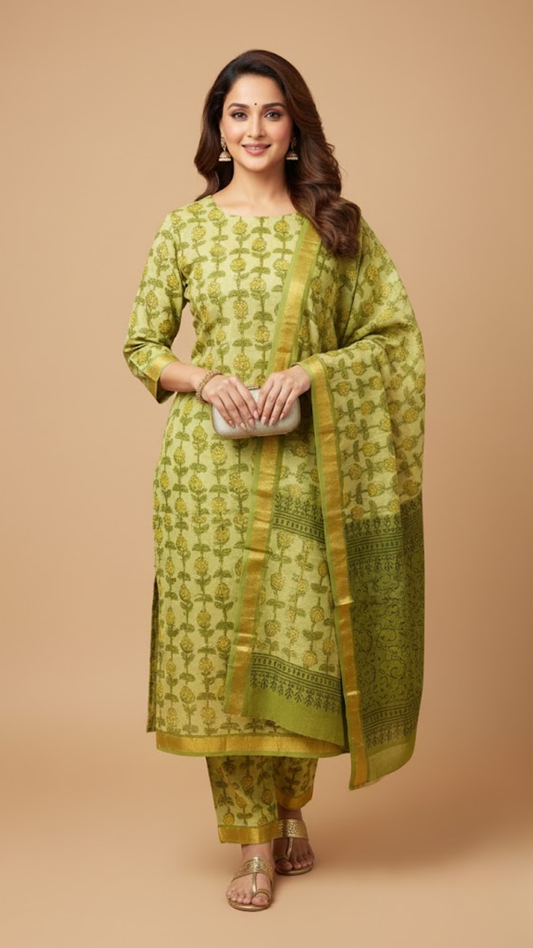 Olive Green Maheshwari Silk 3 Piece Dress Material – Top, Bottom & Dupatta