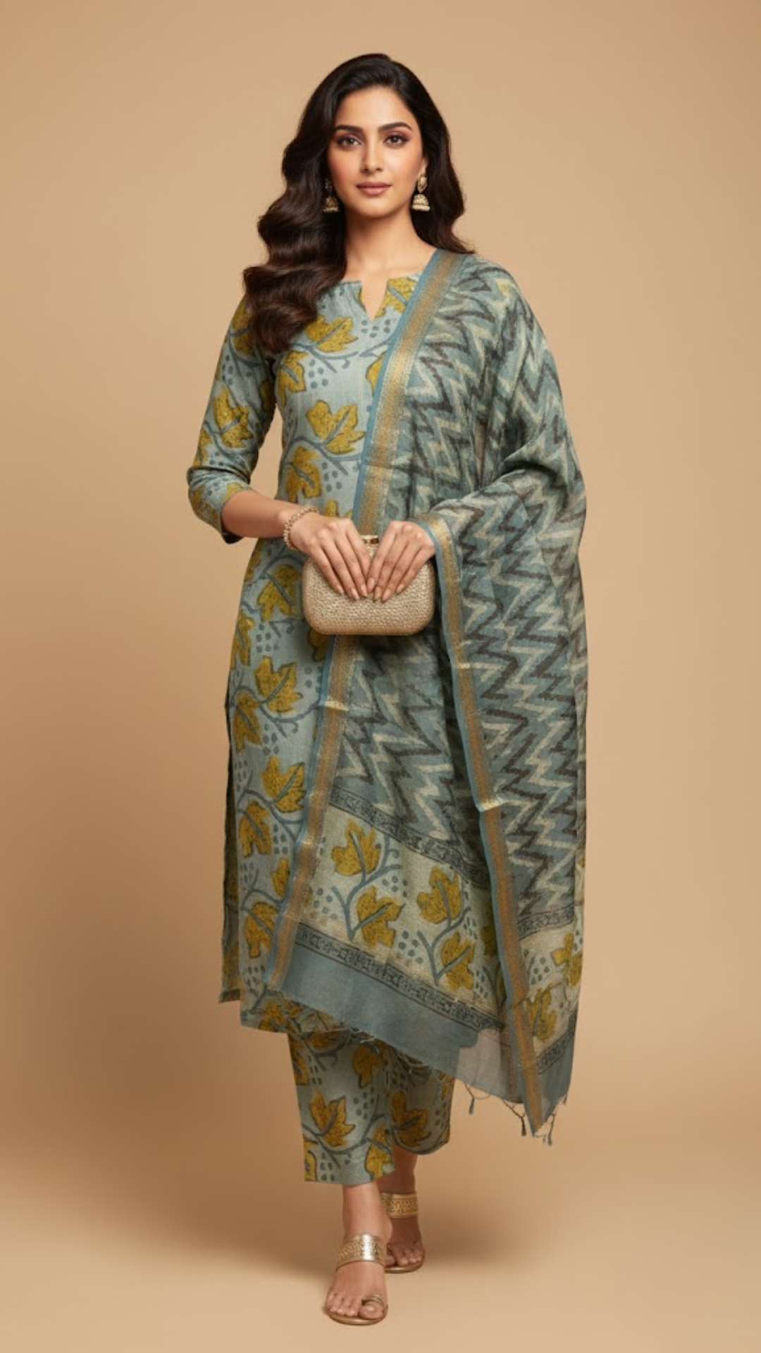 Powder Blue Maheshwari Silk 3 Piece Dress Material – Top, Bottom & Dupatta