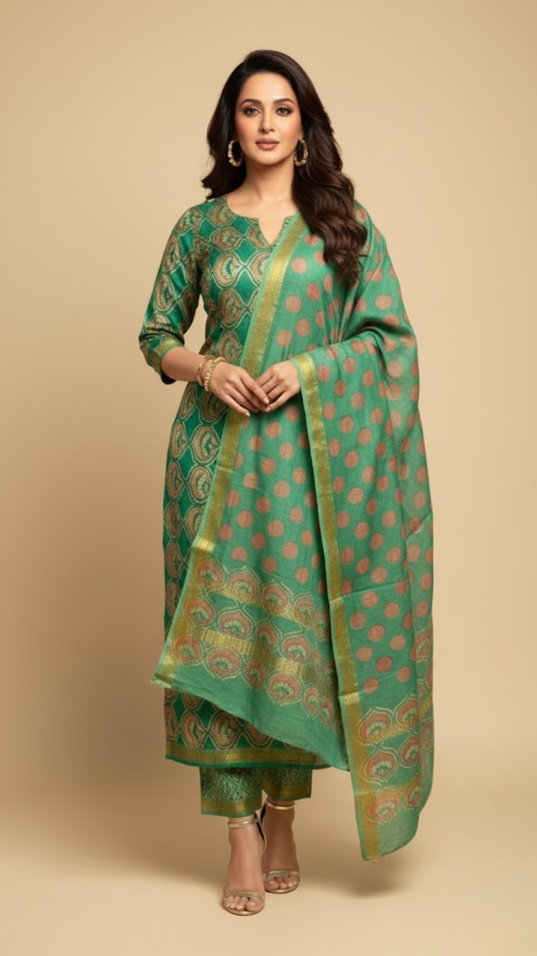 Green Maheshwari Silk 3 Piece Dress Material – Top, Bottom & Dupatta