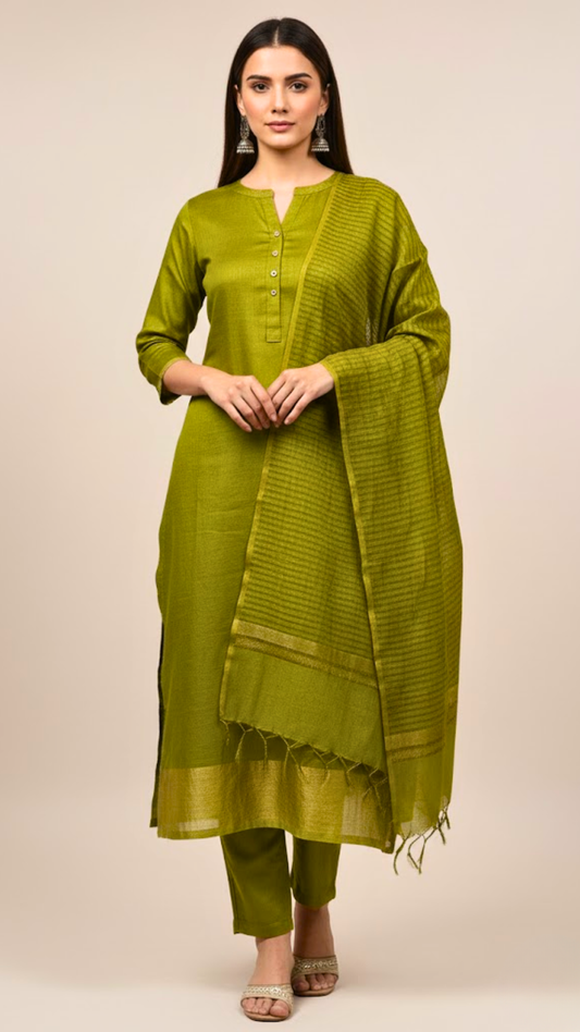 Chanderi Silk 3 Piece Dress Material Top, Bottom & Dupatta – Green