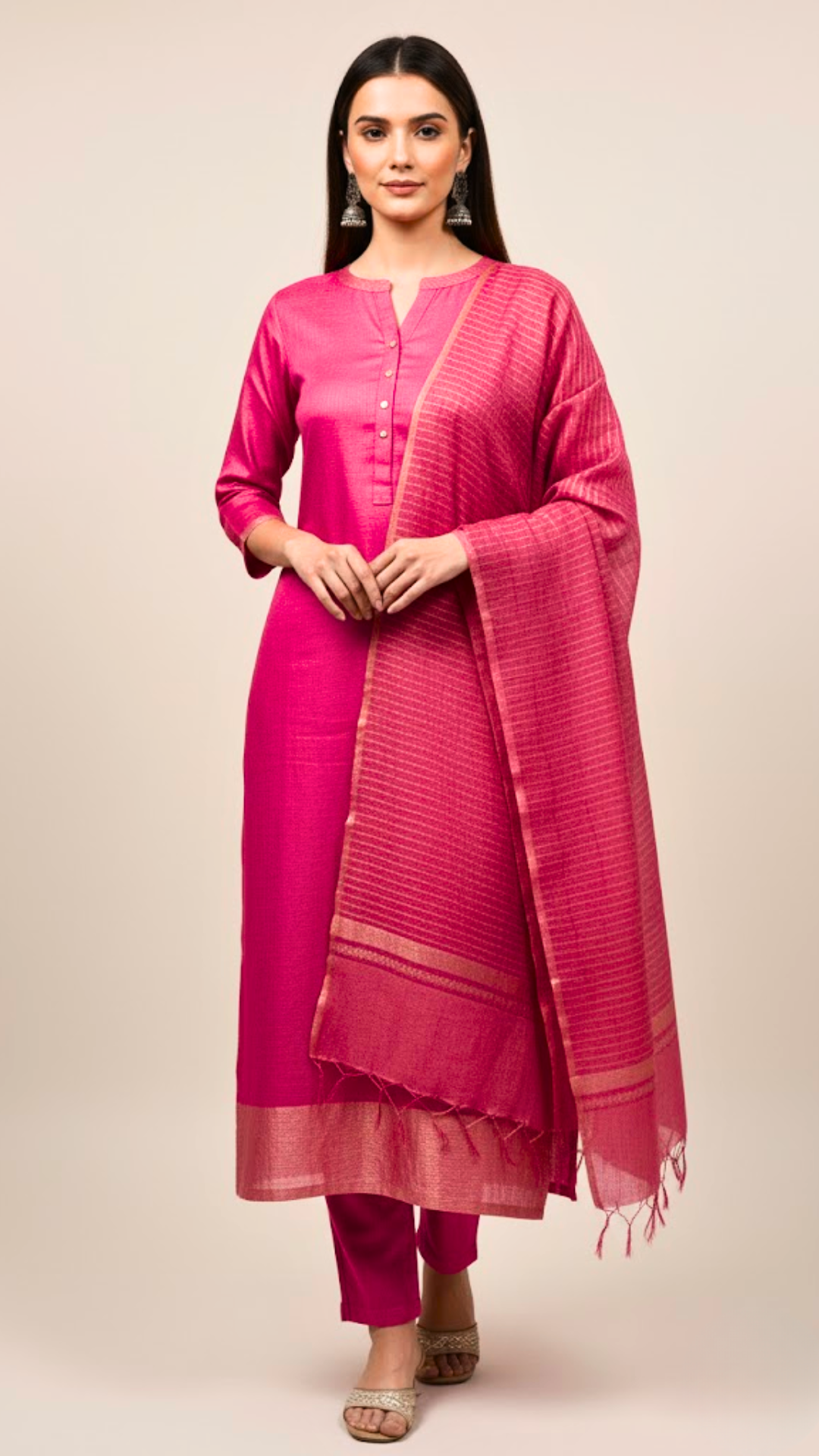 Pink Chanderi Silk 3 Piece Dress Material – Top, Bottom & Dupatta