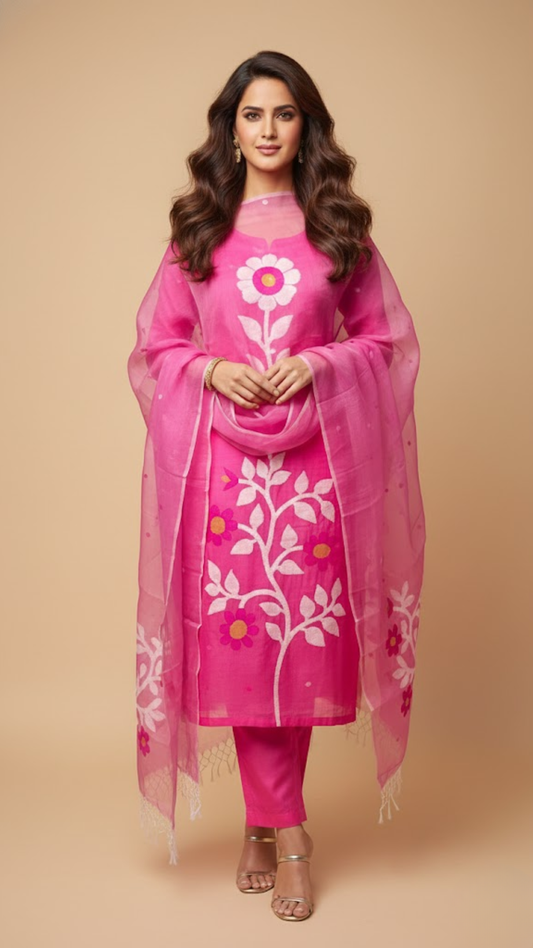 Blush Pink Jamdani Soft Organza 2 Piece Dress Material – Top & Dupatta