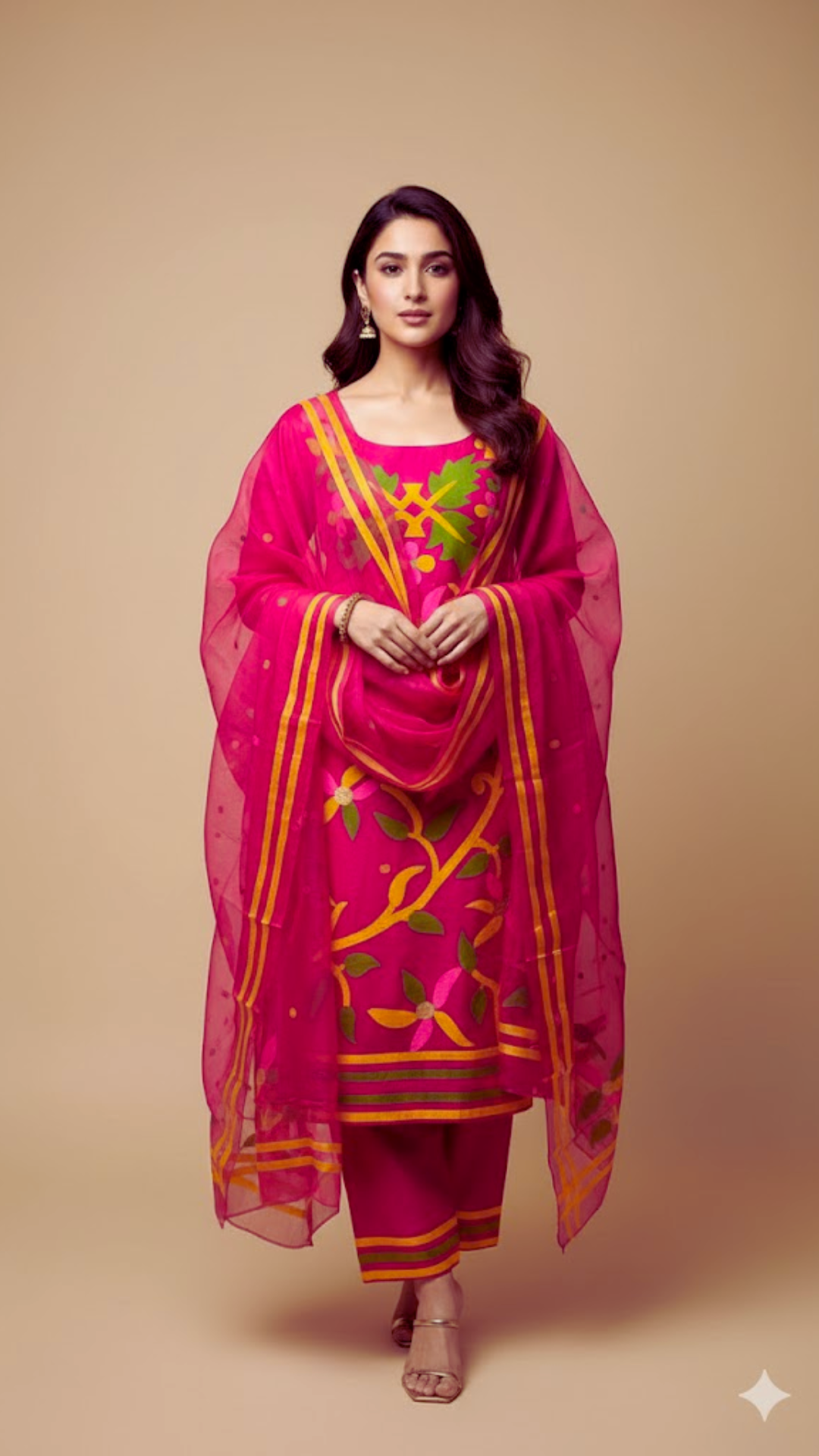 Rani Pink Jamdani Soft Organza 2 Piece Dress Material – Top & Dupatta