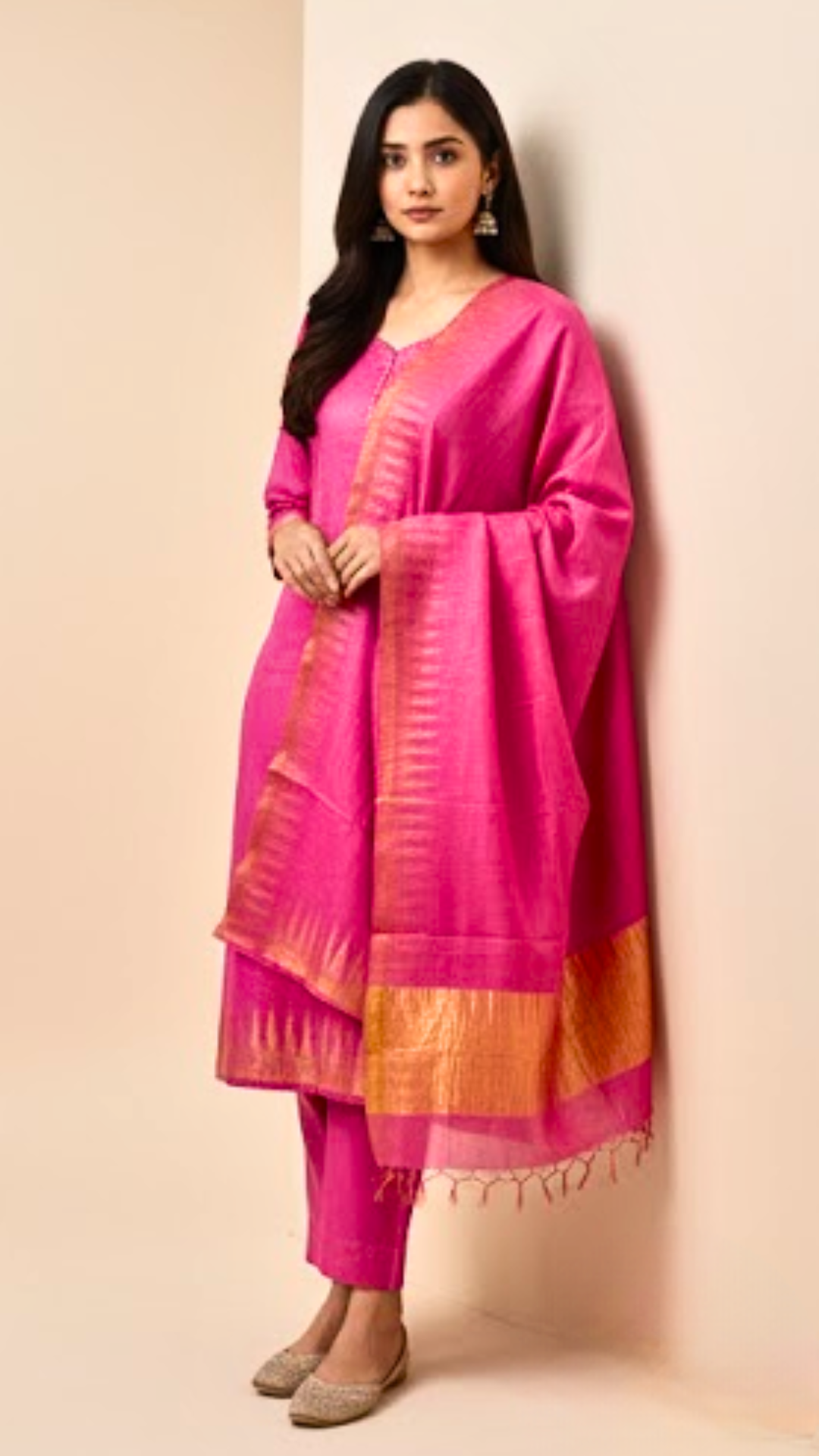 Pure Tussar Silk Temple Border Dress Material Set – Pink | Top, Bottom & Dupatta