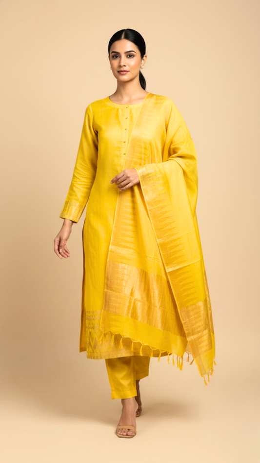 Pure Tussar Silk Temple Border Dress Material Set – Top, Bottom & Dupatta