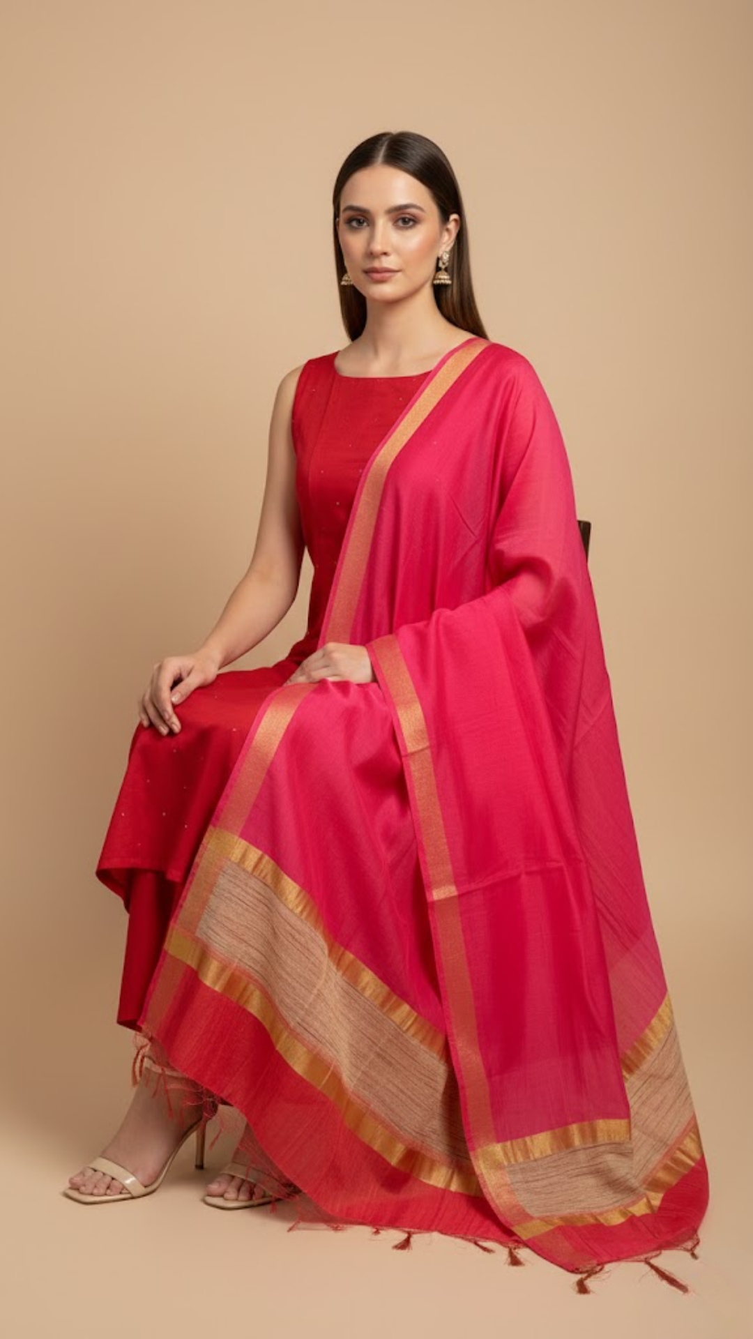 Red Chanderi Silk Dress Material with Badla Work – 3 Piece Set