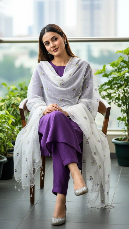 Purple Chanderi Cotton Dress Material with Kota Embroidery Dupatta – 3 Piece Set