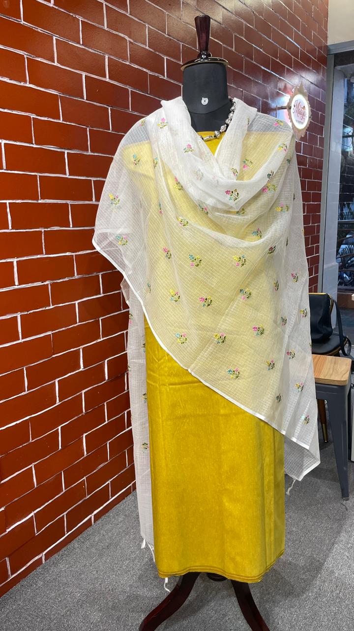 Yellow Chanderi Cotton Dress Material with Kota Embroidery Dupatta – 3 Piece Set
