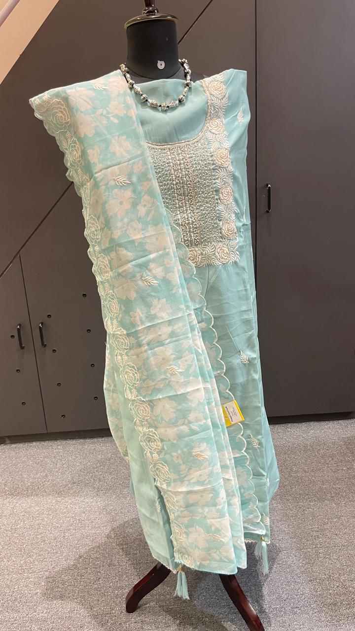 Aqua Sea Green Cotton Silk 3-Piece Dress Material with Embroidery, Bead Work & Cutwork Dupatta