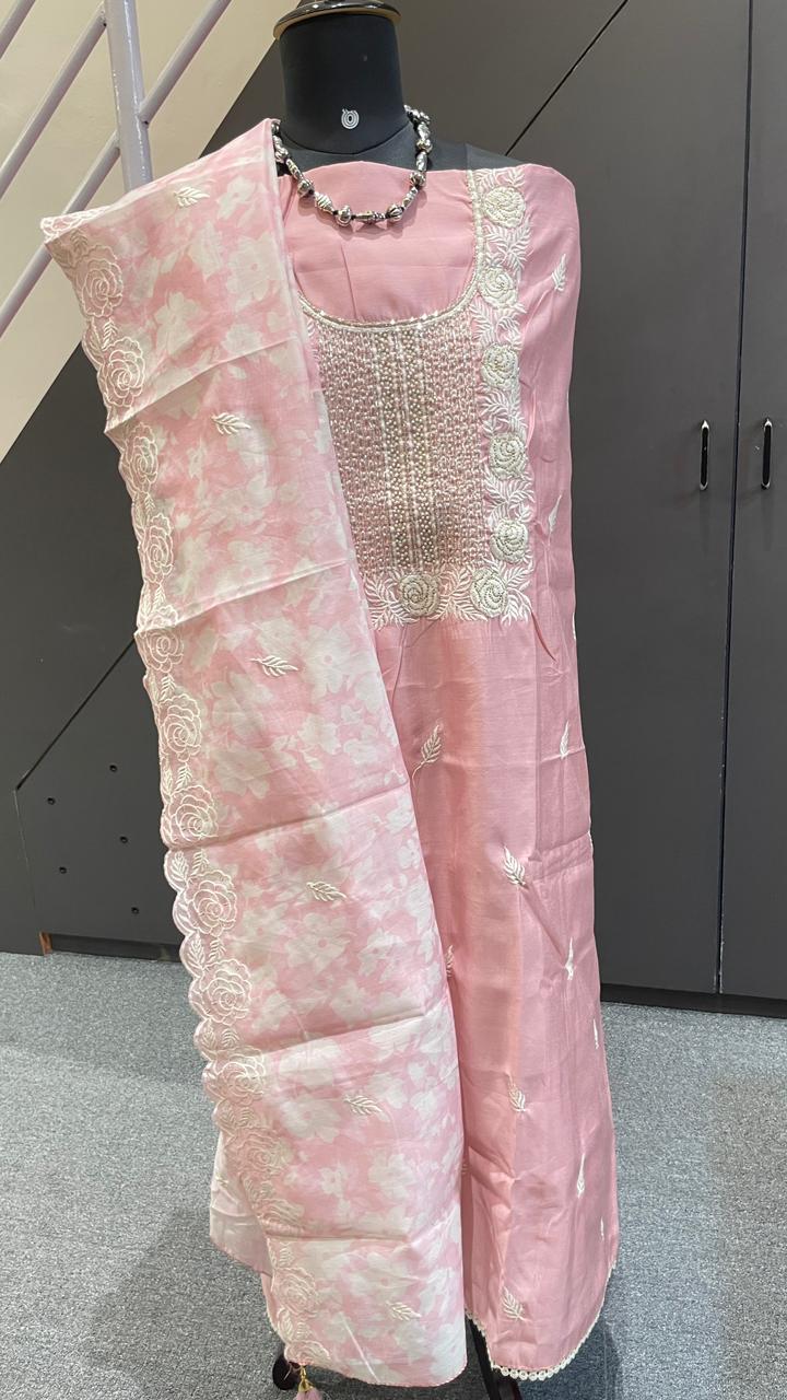 Blush Pink Cotton Silk 3-Piece Dress Material with Embroidery, Bead Work & Cutwork Dupatta