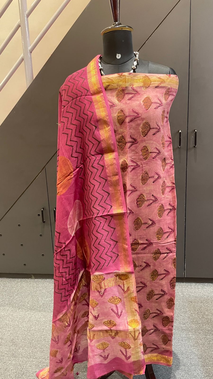 Pink Maheshwari Silk 3 Piece Dress Material – Top, Bottom & Dupatta