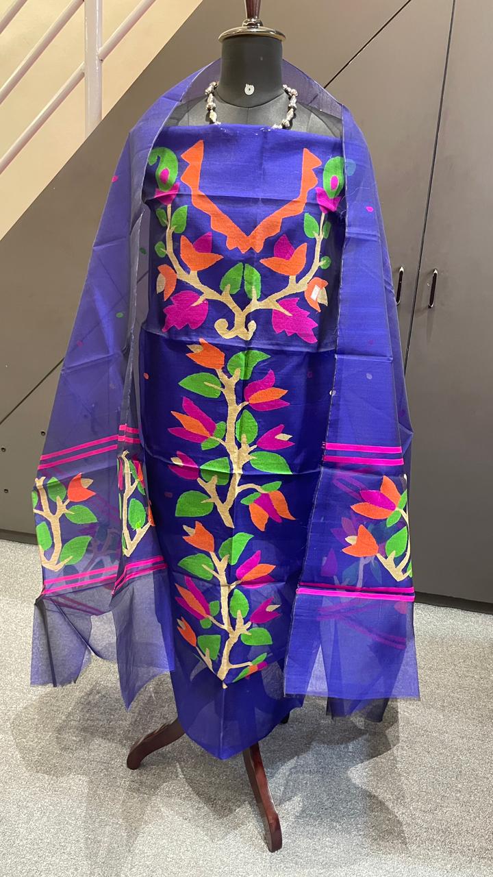 Royal Blue Jamdani Soft Organza 2 Piece Dress Material – Top & Dupatta