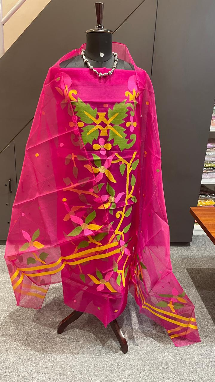 Rani Pink Jamdani Soft Organza 2 Piece Dress Material – Top & Dupatta