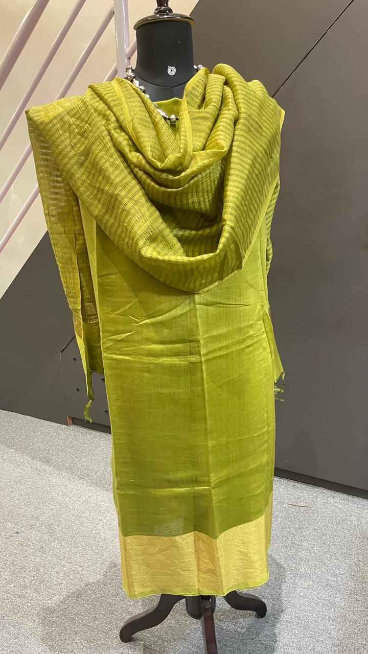Chanderi Silk 3 Piece Dress Material Top, Bottom & Dupatta – Green