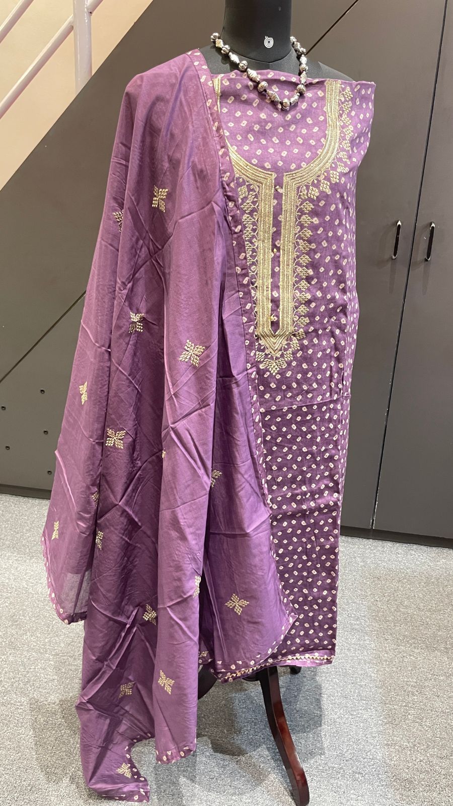 Purple Cotton Silk Bandhani Pattern 3-Piece Dress Material Set