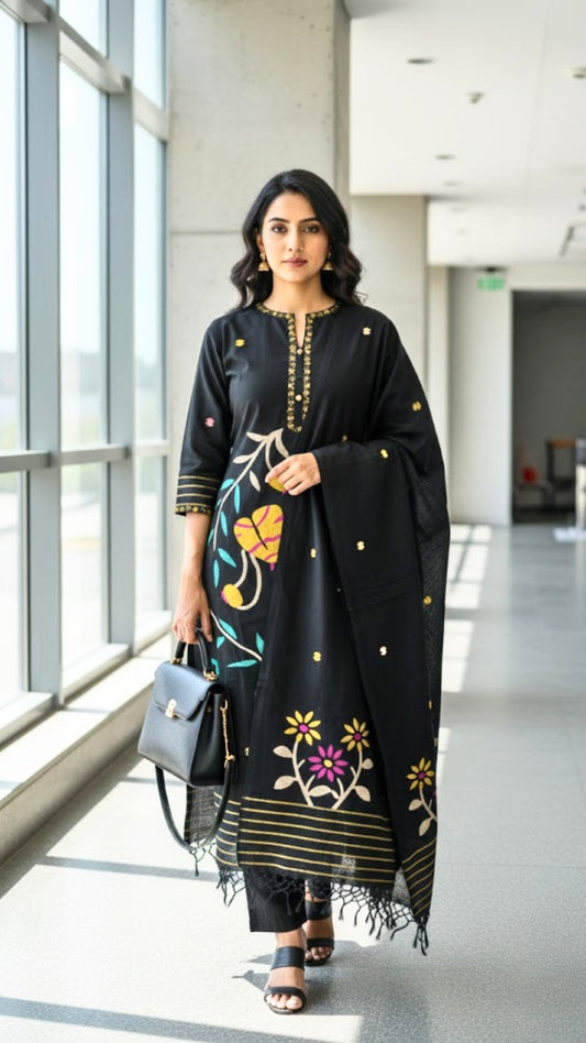 Black Jamdani Cotton 2 Piece Dress Material – Top & Dupatta