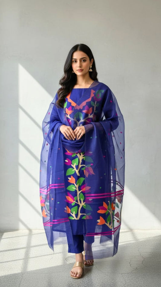 Royal Blue Jamdani Soft Organza 2 Piece Dress Material – Top & Dupatta