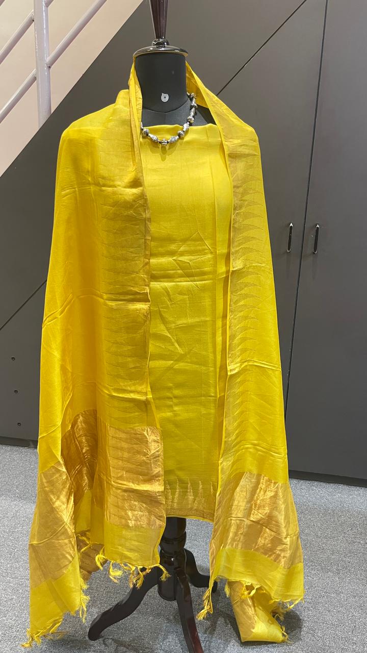 Pure Tussar Silk Temple Border Dress Material Set – Top, Bottom & Dupatta