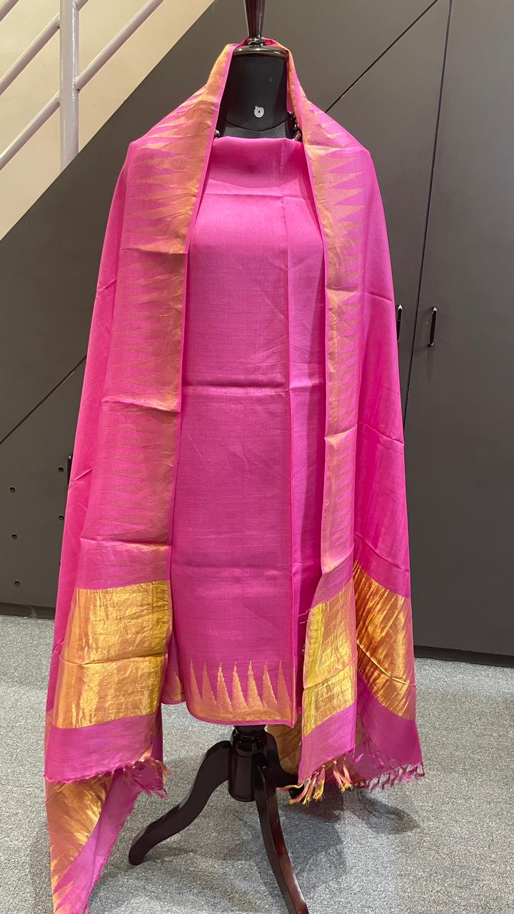 Pure Tussar Silk Temple Border Dress Material Set – Pink | Top, Bottom & Dupatta