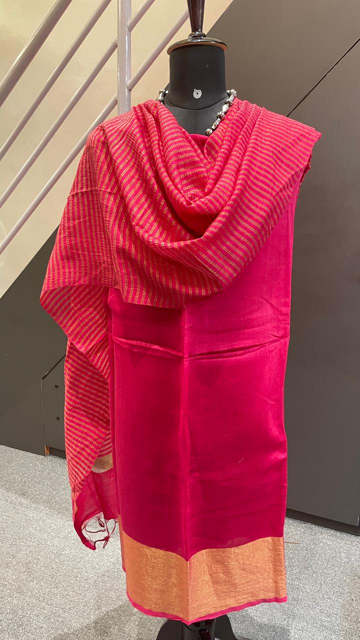 Pink Chanderi Silk 3 Piece Dress Material – Top, Bottom & Dupatta